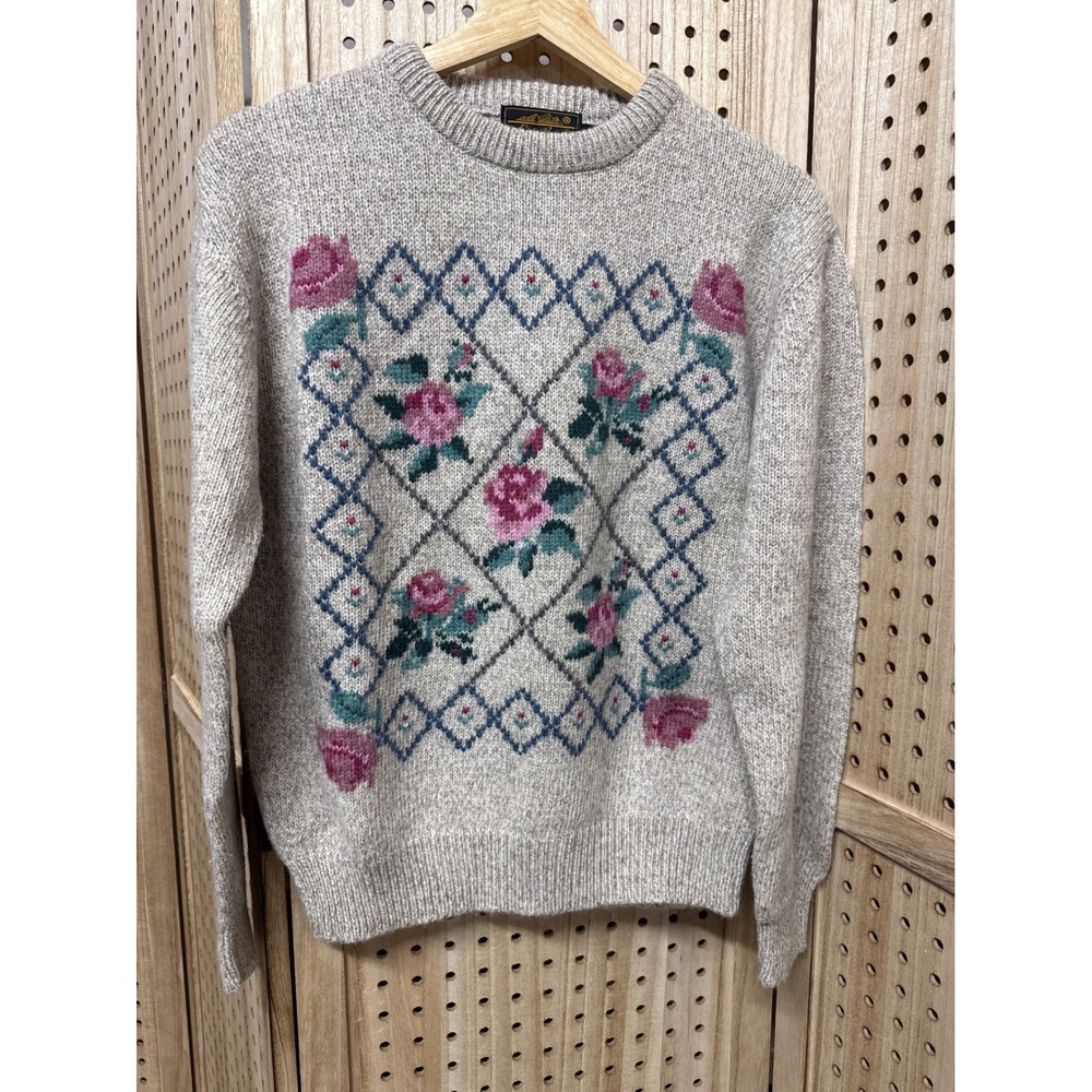 Vintage Eddie Bauer Wool Floral Rose Intarsia Sweater Oatmeal Beige Womens Small